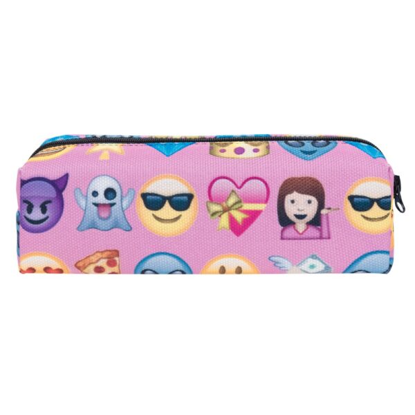 "Een levendig etui met een roze achtergrond, bedrukt met willekeurige emoji's in verschillende kleuren en uitdrukkingen. Voeg een vleugje speelsheid toe aan je dagelijkse benodigdheden met dit kleurrijke accessoire!"
