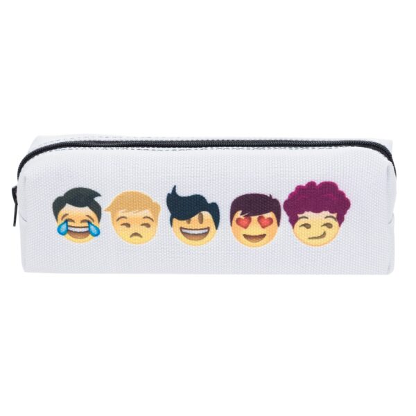 "Een trendy etui met een witte achtergrond, gedecoreerd met vijf menselijke emoji-gezichten in diverse uitdrukkingen. Voeg wat emotie toe aan je dagelijkse essentials met dit speelse accessoire!"