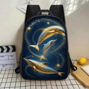 dolfijnen rugzak met een inhoud van 20 liter en een magische oceaanprint. deze rugzak toont drie sierlijke dolfijnen die zwemmen tegen een diepblauwe sterrenhemel, omringd door fonkelende gouden details. ideaal voor kinderen die houden van de oceaan en zeedieren. de tas biedt voldoende ruimte voor schoolboeken, lunch en andere benodigdheden. dankzij de verstelbare en gewatteerde schouderbanden is hij comfortabel te dragen, zelfs tijdens lange dagen. deze rugzak is lichtgewicht, duurzaam en perfect voor school, dagjes uit of vakanties. de haarscherpe print blijft lang mooi, zelfs bij dagelijks gebruik. een geweldige keuze voor jongens en meisjes die dromen van avontuur onder water.