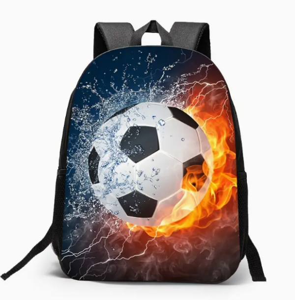 stoere voetbal rugzak met een inhoud van 15 liter, perfect voor jonge voetballiefhebbers en sportieve kids. het ontwerp toont een realistische voetbal omringd door vurige vlammen en spattend water, wat zorgt voor een krachtig en dynamisch effect. deze lichtgewicht rugzak is ideaal voor school, sport of vrije tijd en beschikt over comfortabele verstelbare schouderbanden en een ruim hoofdvak met ritssluiting. gemaakt van duurzaam materiaal dat lang meegaat en gemakkelijk schoon te maken is. een echte eyecatcher voor kinderen die van voetbal houden!